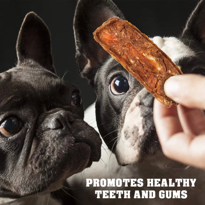 Two dogs looking at a dog treat held by a hand with text promoting dental health.