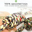 Colorful braided rope toys with a visible brand label on a white background, emphasizing upcycled materials.