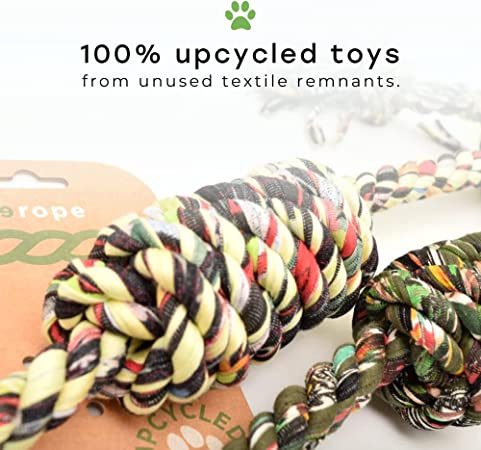Colorful braided rope toys with a visible brand label on a white background, emphasizing upcycled materials.