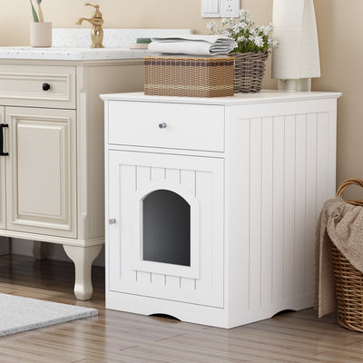 White wooden cabinet with a pet door in a bathroom setting