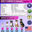Dog supplement packaging with active ingredients, weight guidelines, and branding information.