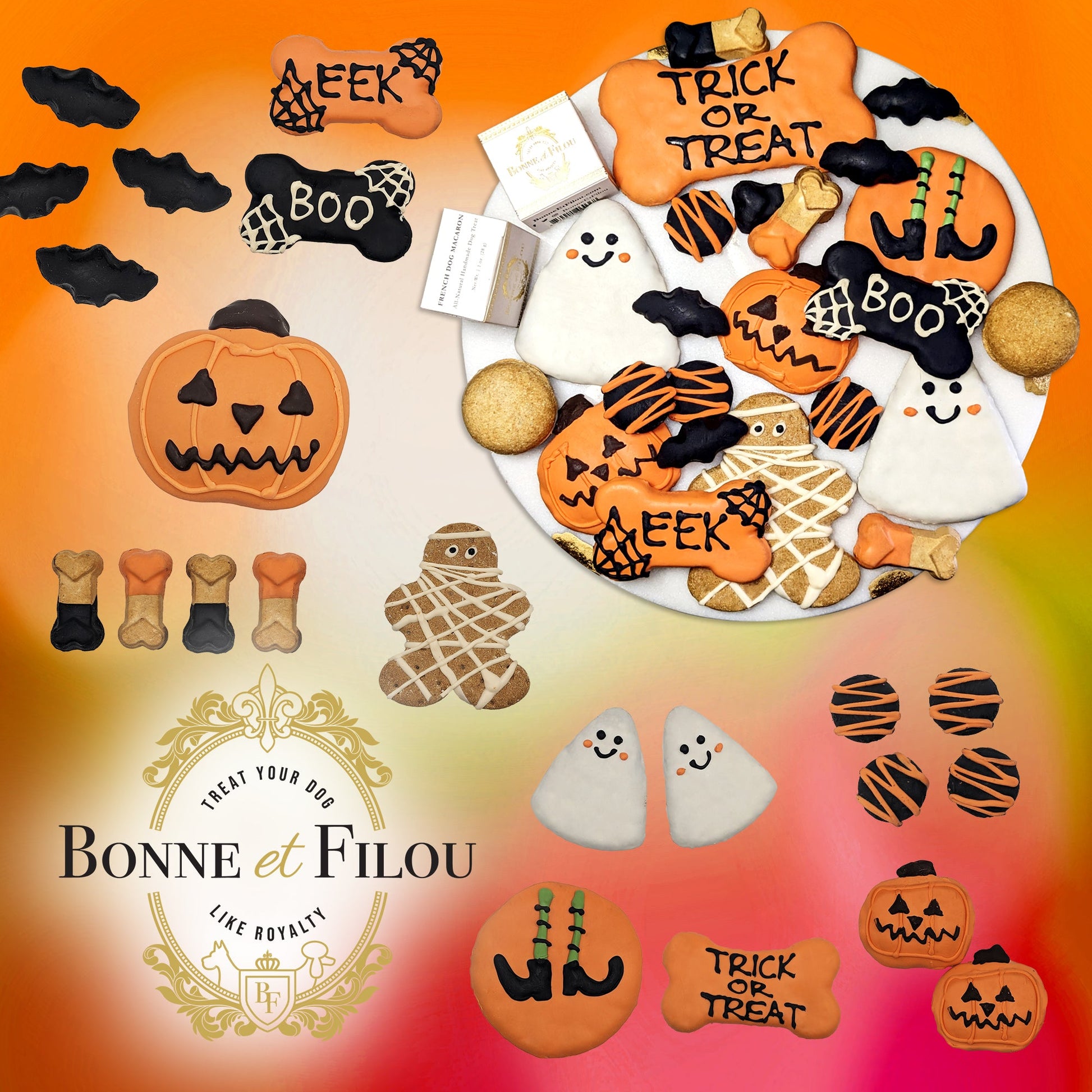 Collection of Halloween-themed dog treats with 'Bonne et Filou' branding on an orange gradient background.