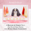 Dog in a bath with decorative trees and text about healthy treats for pets from Bonnevé Filou.