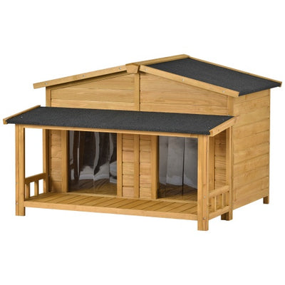 Wooden pet house with a black roof on a white background