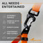 Orange and black climbing harness with durability features on a gray background
