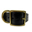 Black leather belt with brass buckle on a white background