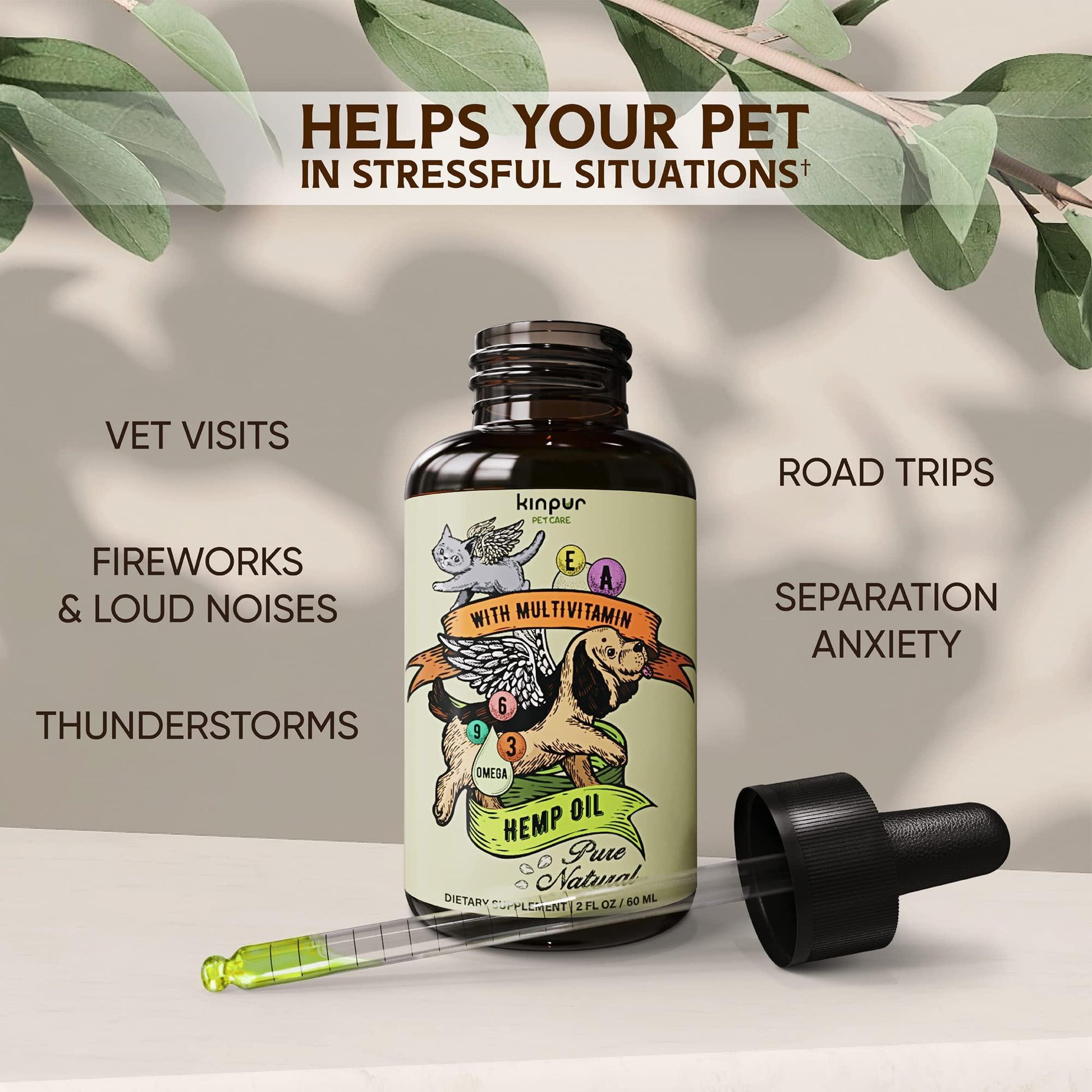 Hemp oil bottle for pets with dropper on a neutral background
