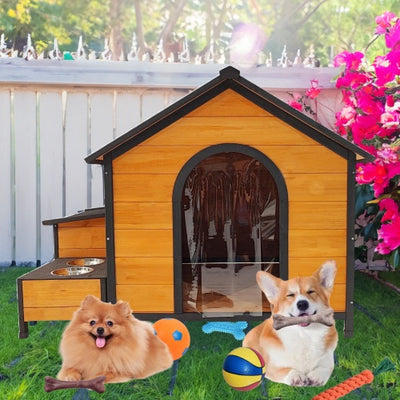Wooden dog house with two dogs and toys in a backyard setting