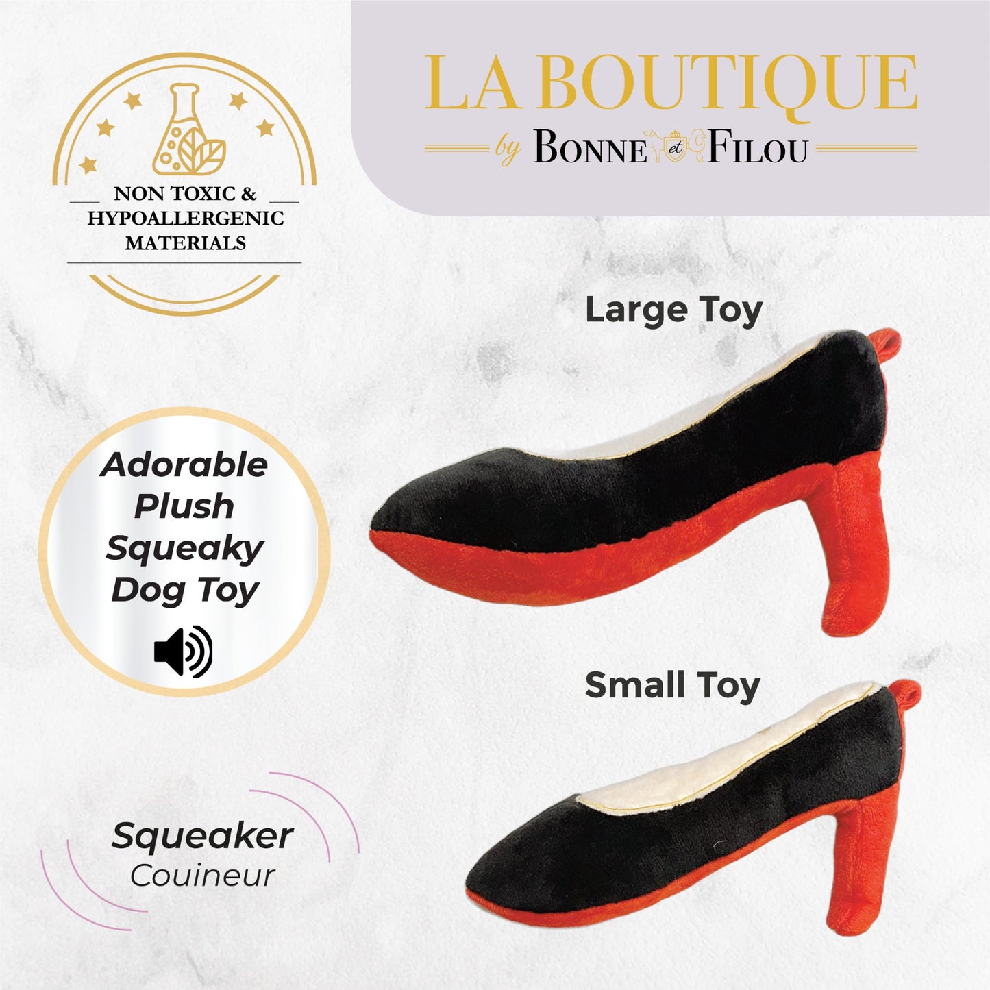 Black and red high-heeled shoe-shaped dog toys with 'La Boutique by Bonne Filou' branding on a light gray background.