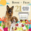 Dog treats packaging with two dogs and colorful design elements on a beige background