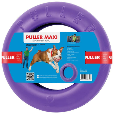Purple dog fitness tool with 'Puller Maxi' label and dog illustration on a white background