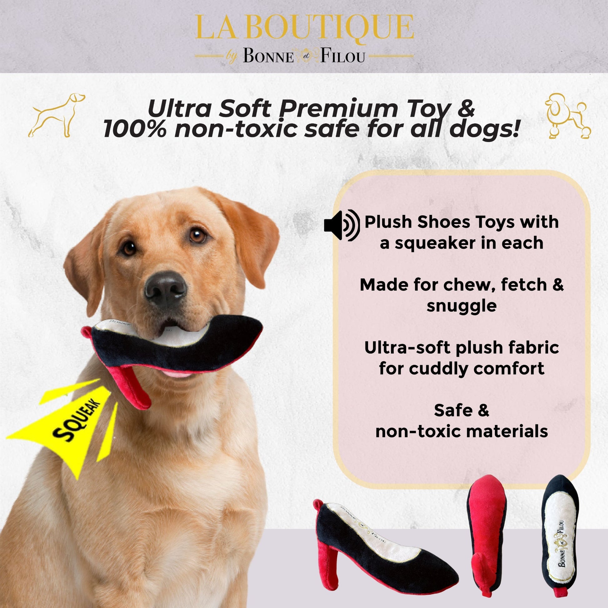 Dog with a plush shoe toy in its mouth, featuring product details on a light gray background.