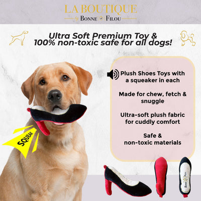 Dog with a plush shoe toy in its mouth, featuring product details on a light gray background.