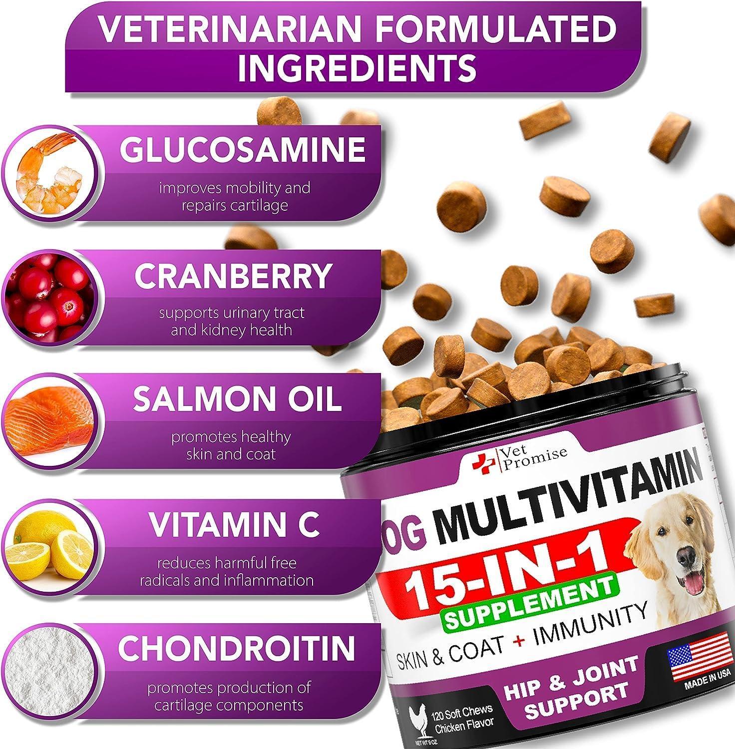 Dog multivitamin supplement with labeled ingredients and container on a white background