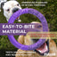 Purple dog chew toy with text about its benefits and usage, shown on a grassy background.