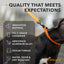 Dog leash with features listed on a gray background, featuring the Evoluter brand.