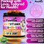 Pawious multivitamin jar for dogs with key benefits listed on a purple background
