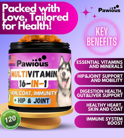 Pawious multivitamin jar for dogs with key benefits listed on a purple background