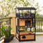 Cat tree with multiple levels on a balcony with plants and a view of trees and water.