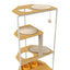 Corner cat tree with wooden platforms, a scratching post, and cat toys on a white background
