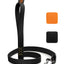 Black dog leash with hexagonal pattern and brand logo on a white background