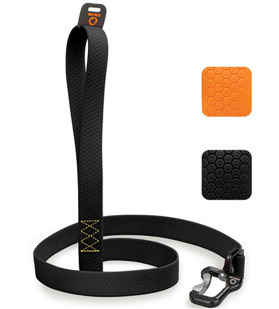 Black dog leash with hexagonal pattern and brand logo on a white background