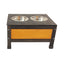Wooden pet feeder with two metal bowls on a white background