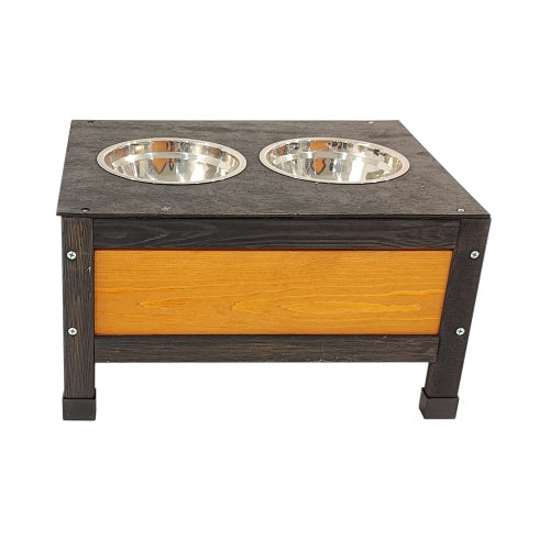 Wooden pet feeder with two metal bowls on a white background