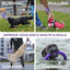 Four images showing dogs engaged in different activities with purple rings: running, pulling, jumping, and swimming.