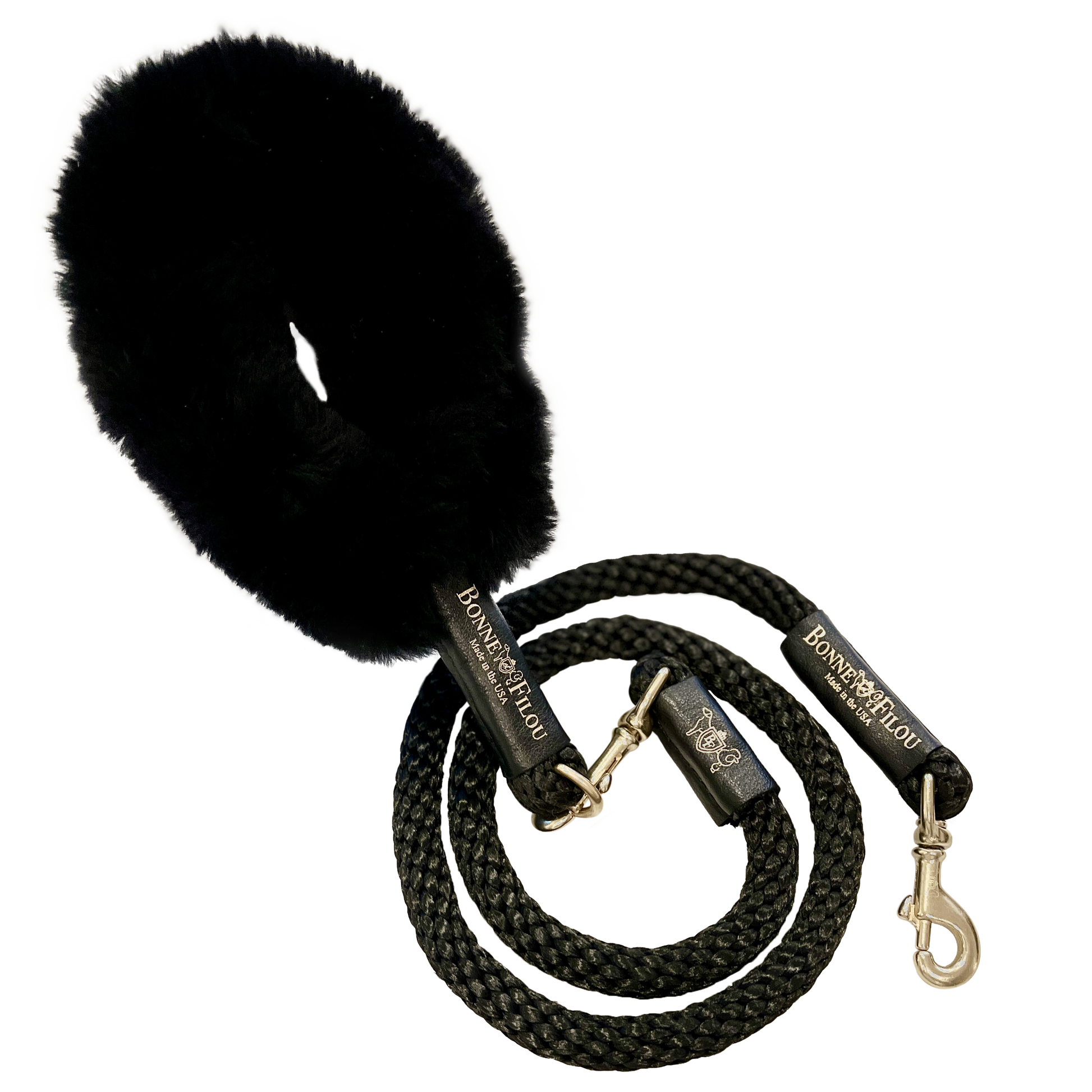 Black dog leash with a fluffy black end on a white background