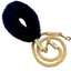 Navy blue leather dog muzzle with a braided gold leash on a white background
