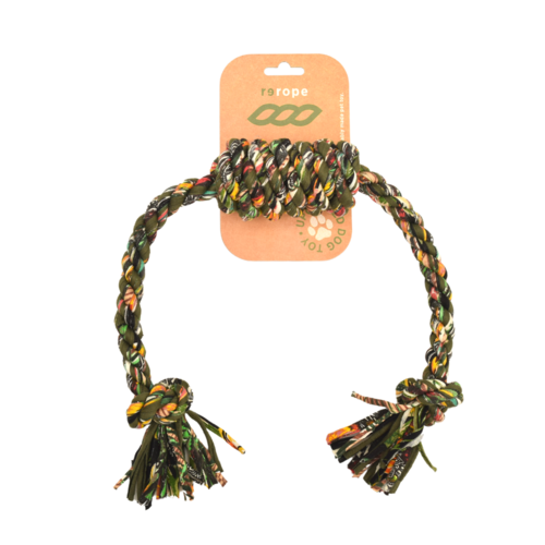 Dog rope toy with camouflage pattern on a white background
