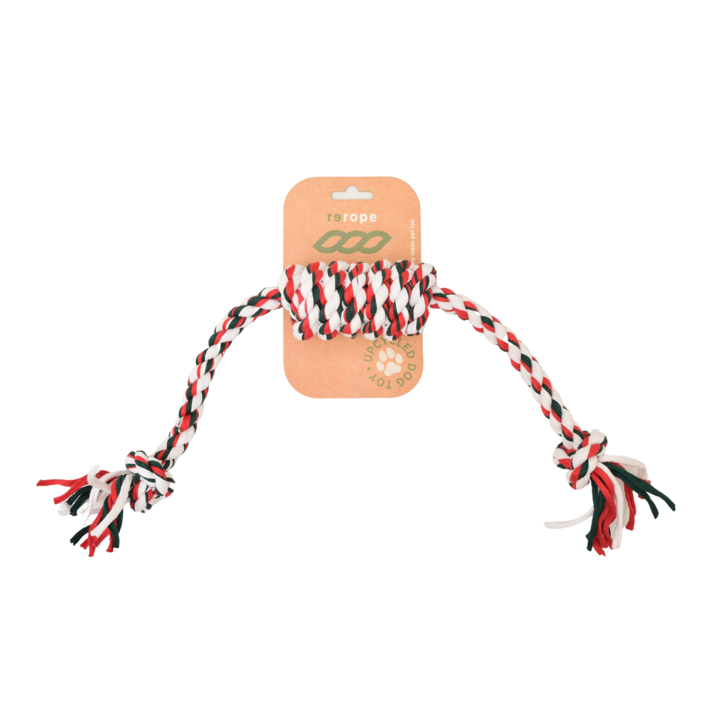Dog rope toy with colorful pattern on a white background