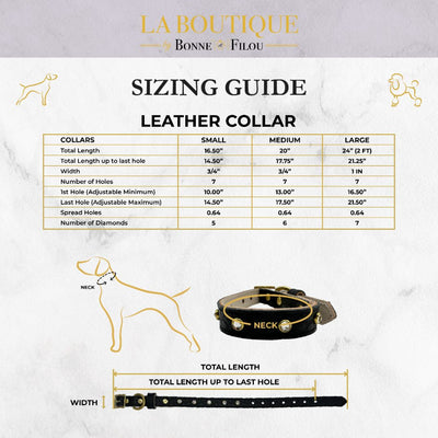 Sizing guide for leather collars by La Boutique with measurements and illustrations.