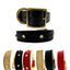Collection of black, red, and gold leather dog collars with gold buckles on a white background.