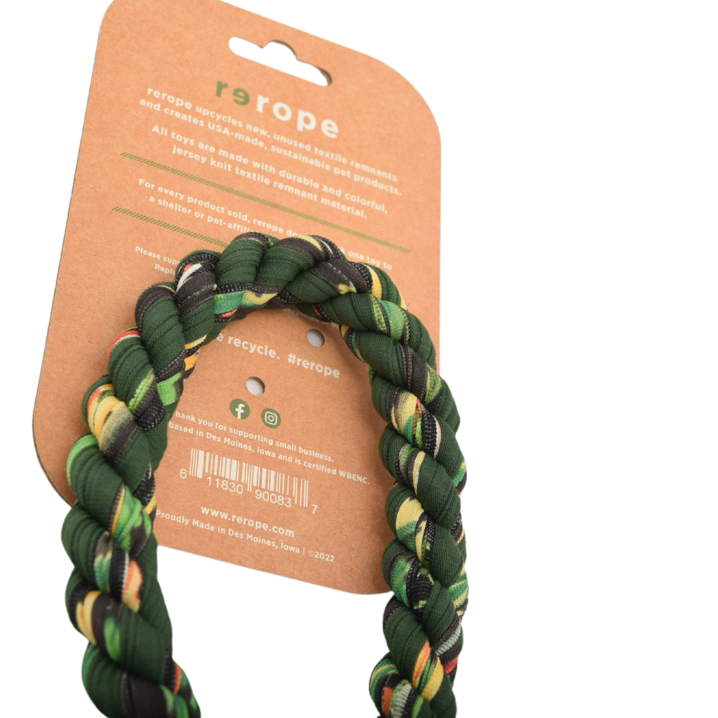Green braided rope toy on a brown card with 're rope' branding.