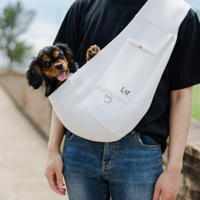 Person carrying a small dog in a white sling bag outdoors.