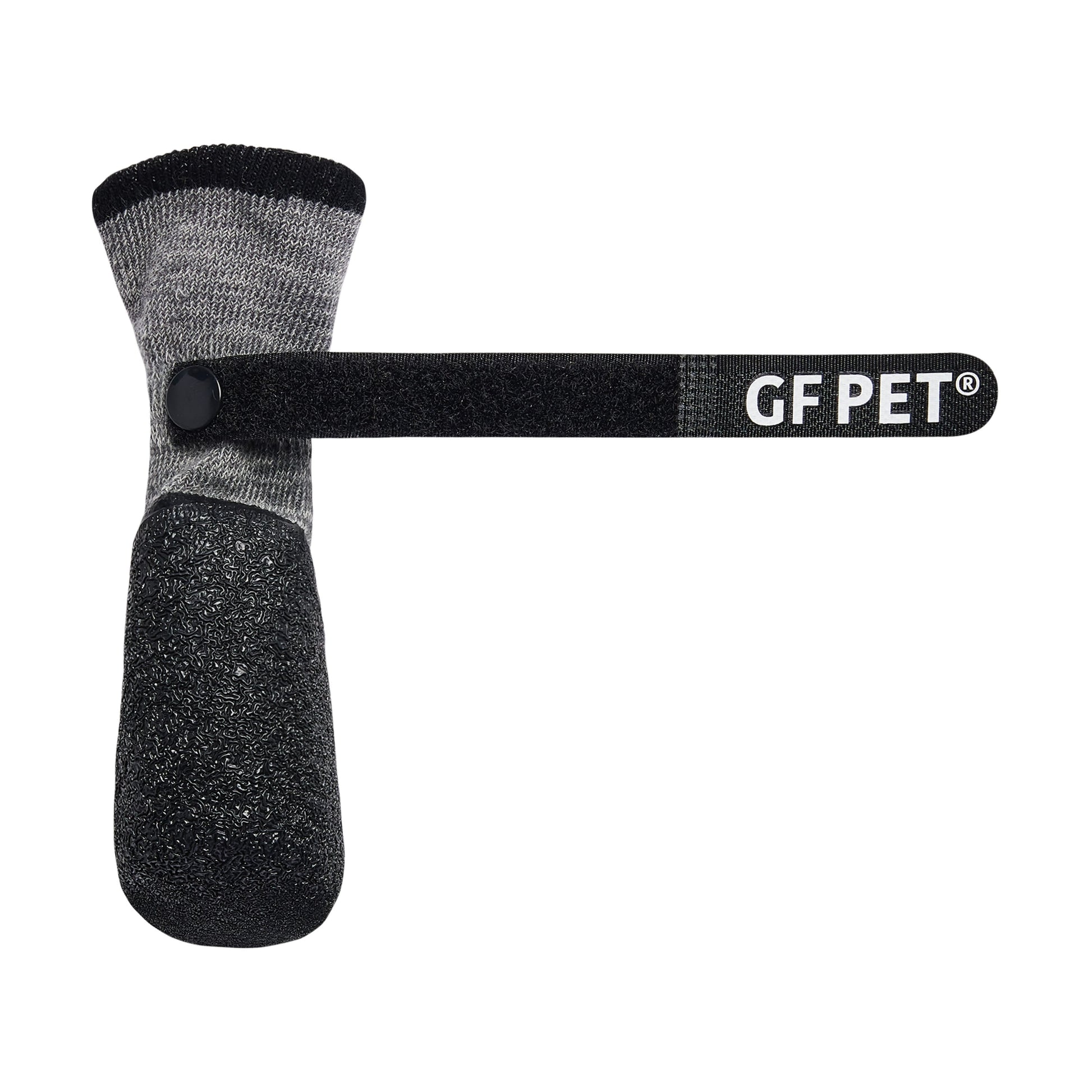 Gray and black pet product with 'GF PET' branding on a white background