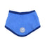 Blue pet accessory with a pattern and brand logo on a white background