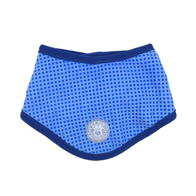 Blue pet accessory with a pattern and brand logo on a white background