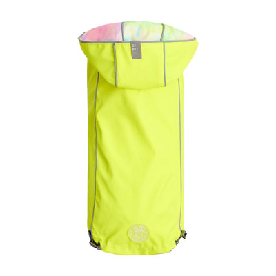 Fluorescent yellow raincoat with reflective elements on a white background