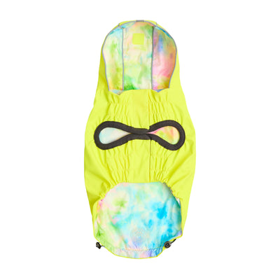Neon yellow raincoat with tie-dye pattern on a white background