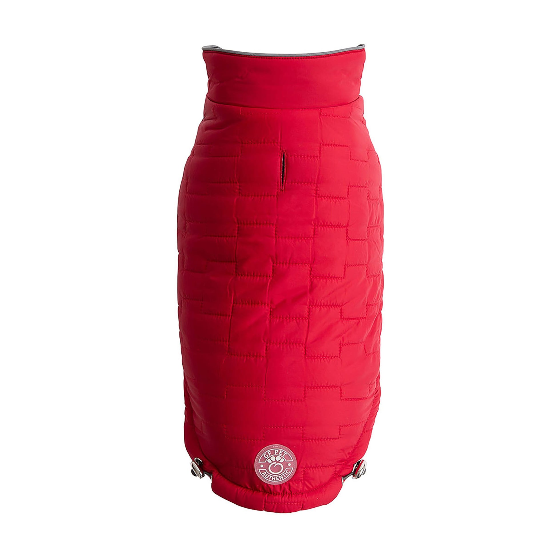 Red quilted skirt with a brand logo on a white background