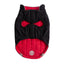 Black and red pet coat with a bow tie design on a white background