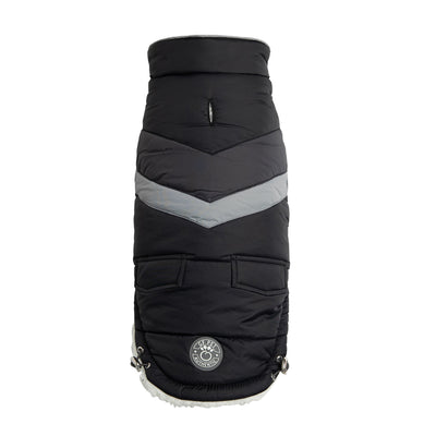 Black and gray quilted dog coat with a visible brand logo on a white background