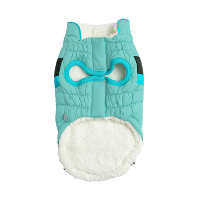 Teal and white dog coat with fleece lining on a white background