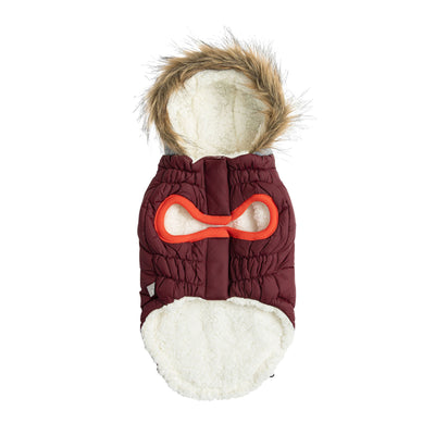 Dog coat with fur hood and red bone design on a white background