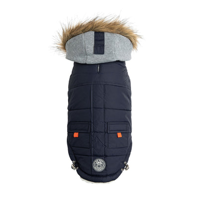 Navy blue dog coat with gray hood and fur trim on a white background