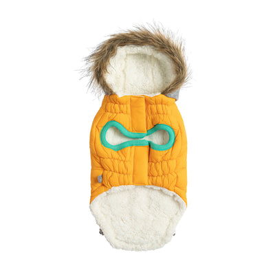 Orange dog coat with fur-lined hood and white fur trim on a white background