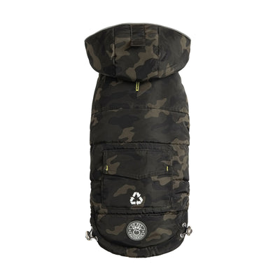 Camouflage-patterned dog coat with a hood on a white background